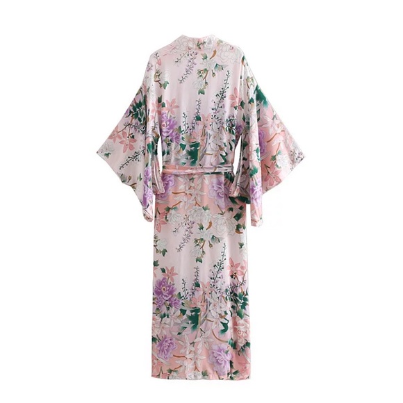 Pink Floral Lily Printed Boho Kimono Duster Robe - Picture 10 of 10